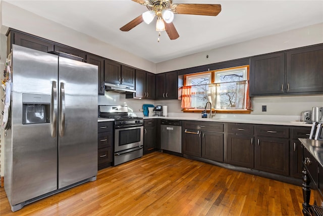 kitchen featuring sink, ceiling fan, light hardwood / wood-style flooring, dark brown cabinetry, and appliances with stainless steel finishes