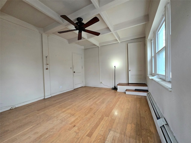 unfurnished room featuring coffered ceiling, a baseboard heating unit, ceiling fan, light wood-type flooring, and beam ceiling