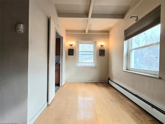 hallway with beam ceiling, light wood-type flooring, a baseboard heating unit, and coffered ceiling