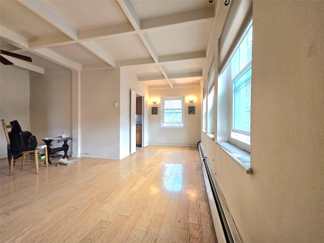 unfurnished room featuring coffered ceiling, light hardwood / wood-style flooring, ceiling fan, baseboard heating, and beamed ceiling