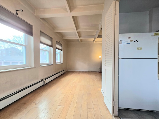 kitchen featuring beamed ceiling, white fridge, light hardwood / wood-style flooring, and baseboard heating