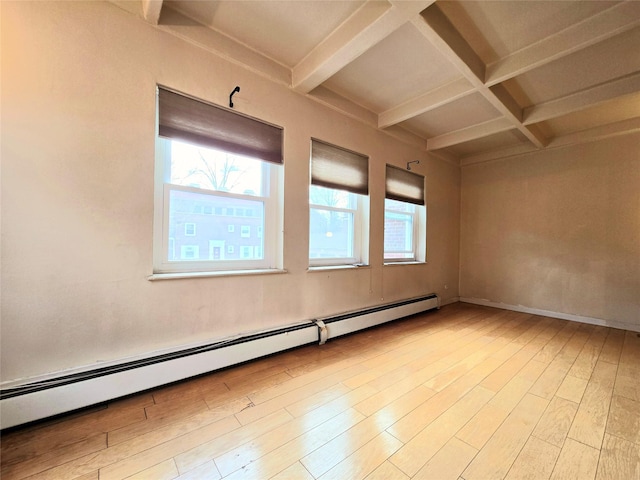 spare room with beamed ceiling, light wood-type flooring, baseboard heating, and coffered ceiling