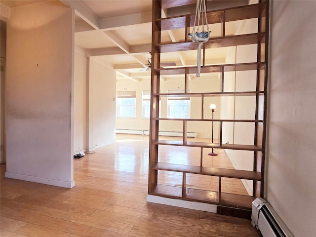 spare room featuring hardwood / wood-style flooring, coffered ceiling, and a baseboard radiator