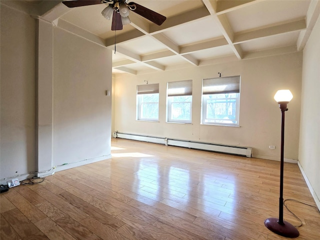 unfurnished room featuring light wood-type flooring, coffered ceiling, ceiling fan, a baseboard heating unit, and beam ceiling