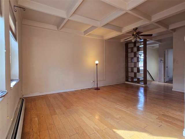 empty room with light wood-type flooring, coffered ceiling, ceiling fan, a baseboard radiator, and beamed ceiling