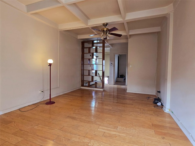 unfurnished room featuring beamed ceiling, light hardwood / wood-style floors, ceiling fan, and coffered ceiling