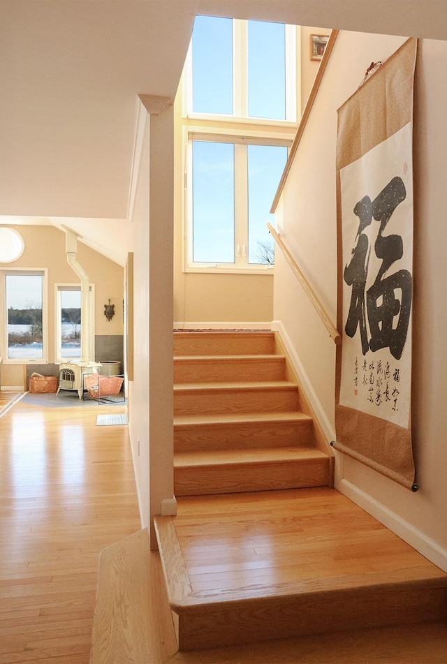 stairway featuring wood finished floors, a wealth of natural light, and baseboards