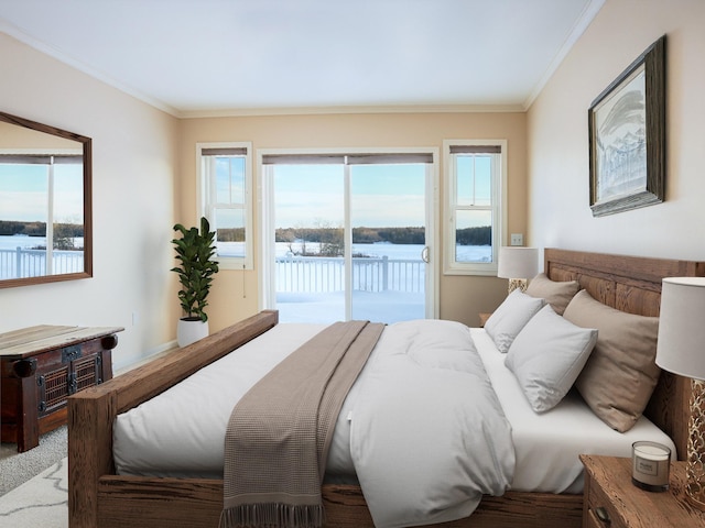 bedroom featuring access to outside, multiple windows, and ornamental molding