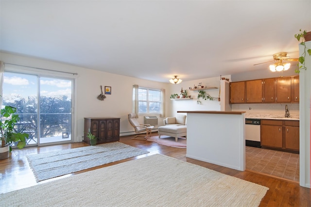 kitchen with sink, wood-type flooring, a wealth of natural light, and dishwasher