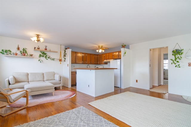 living room with light hardwood / wood-style flooring and ceiling fan