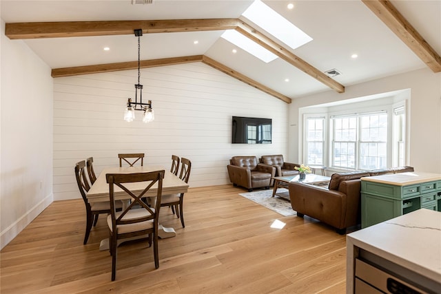 dining area with vaulted ceiling with skylight, light wood-type flooring, and wooden walls