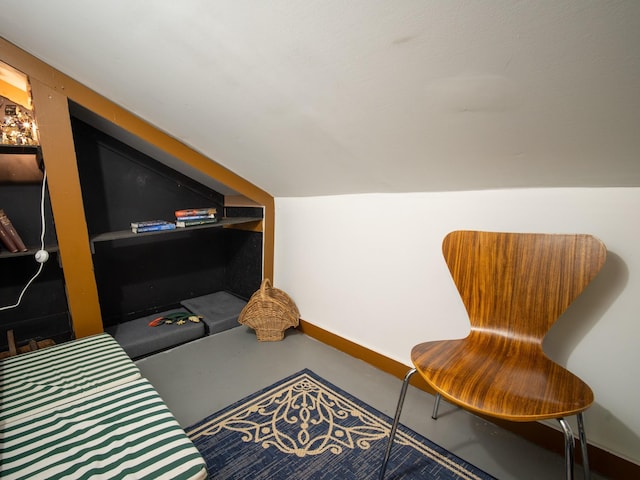 living area with built in shelves and lofted ceiling