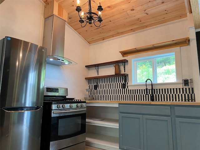 kitchen featuring stainless steel appliances, wall chimney range hood, pendant lighting, lofted ceiling, and wood ceiling