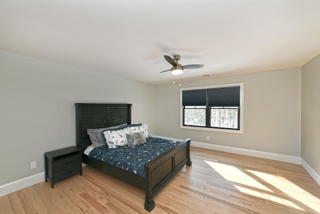 bedroom with ceiling fan and light wood-type flooring