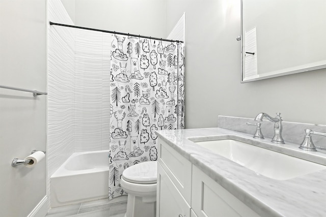 full bathroom with vanity, toilet, and shower / bath combo with shower curtain