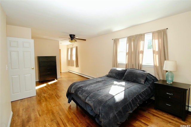 bedroom featuring ceiling fan, light hardwood / wood-style floors, and a baseboard heating unit