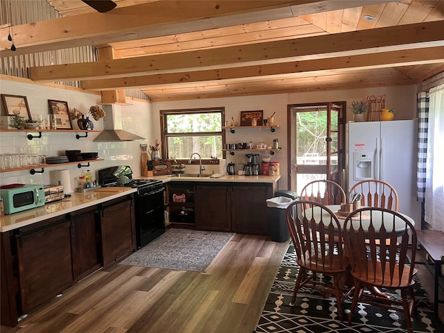 kitchen with exhaust hood, white appliances, a wealth of natural light, and sink