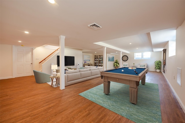 rec room featuring hardwood / wood-style flooring and pool table