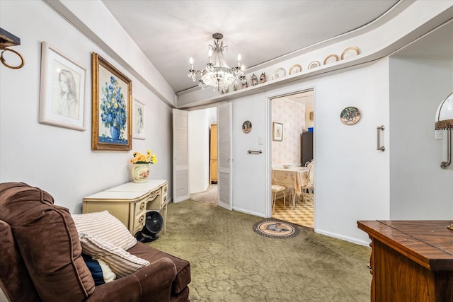 carpeted living room featuring a notable chandelier