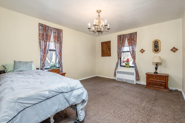 bedroom featuring carpet, a notable chandelier, and radiator