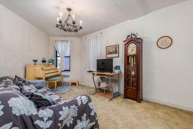 carpeted living room featuring radiator heating unit and a notable chandelier