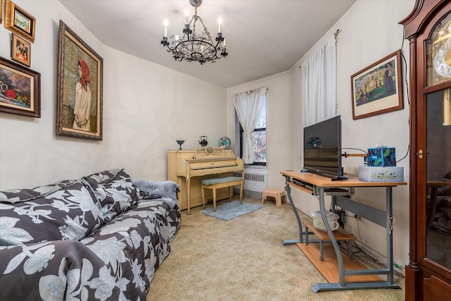 office area featuring a notable chandelier, light colored carpet, and radiator