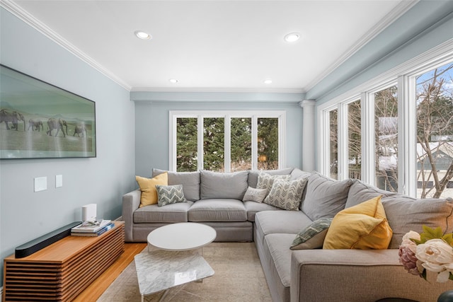 living room featuring crown molding and light hardwood / wood-style flooring