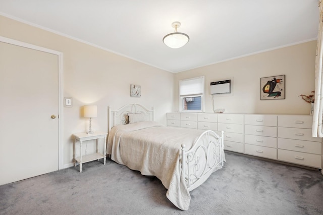 bedroom featuring light carpet and ornamental molding