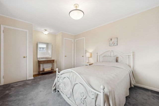 carpeted bedroom featuring crown molding