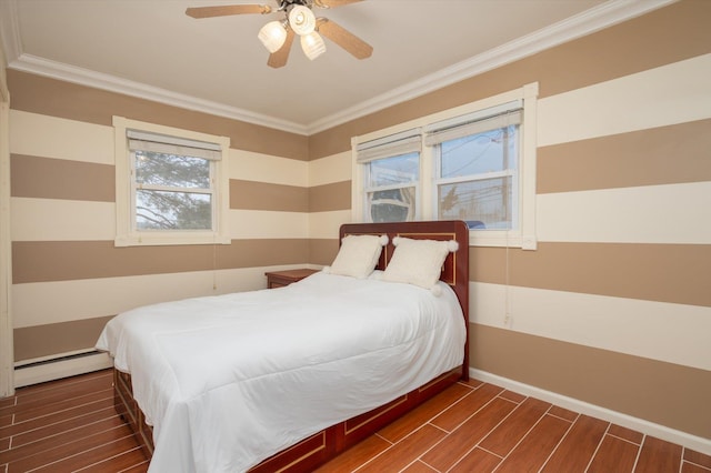 bedroom featuring ceiling fan, baseboard heating, and ornamental molding