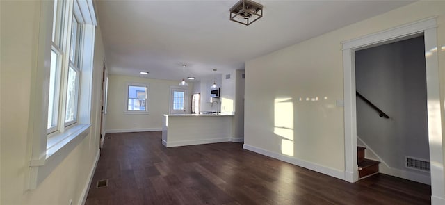 unfurnished living room with sink and dark wood-type flooring