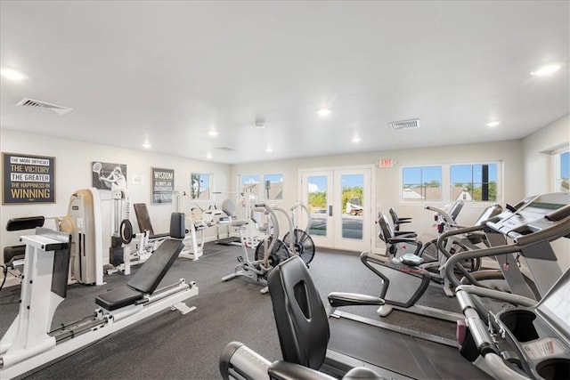 exercise room featuring french doors