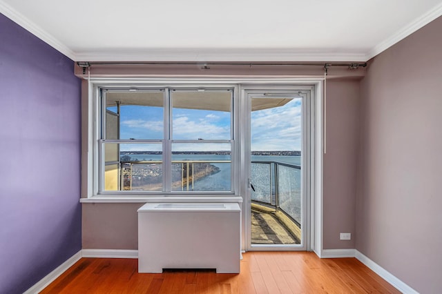 empty room featuring a water view, light hardwood / wood-style flooring, plenty of natural light, and crown molding