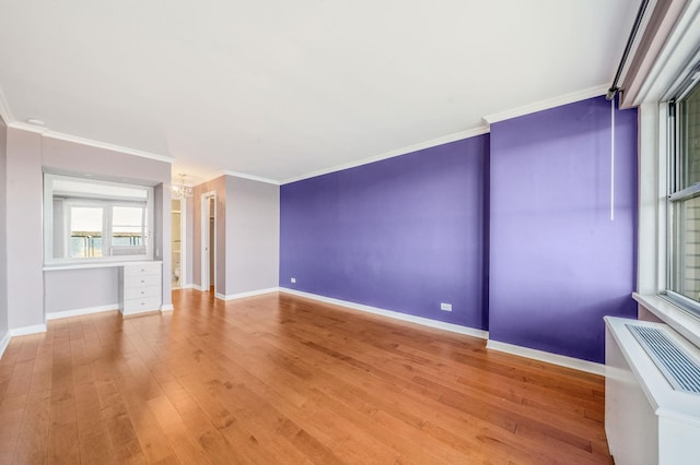 spare room with wood-type flooring and ornamental molding