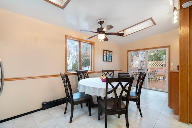 dining space with ceiling fan and vaulted ceiling