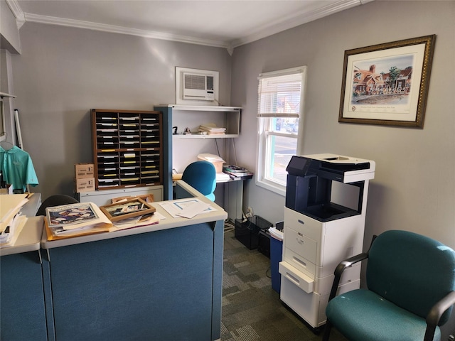 office with ornamental molding, an AC wall unit, and dark carpet