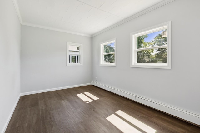 unfurnished room with dark hardwood / wood-style flooring, baseboard heating, and ornamental molding