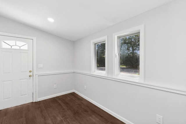 foyer with dark hardwood / wood-style floors, a healthy amount of sunlight, and lofted ceiling