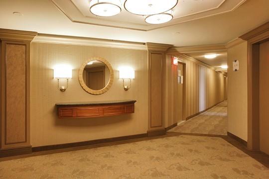 interior space with light colored carpet and crown molding