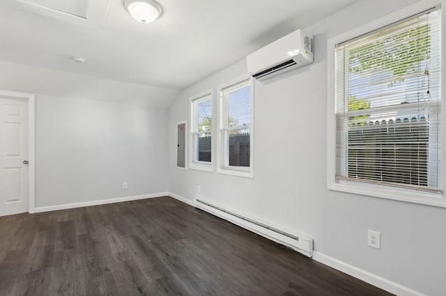 unfurnished room with a baseboard radiator, dark hardwood / wood-style floors, a wall mounted AC, electric panel, and lofted ceiling