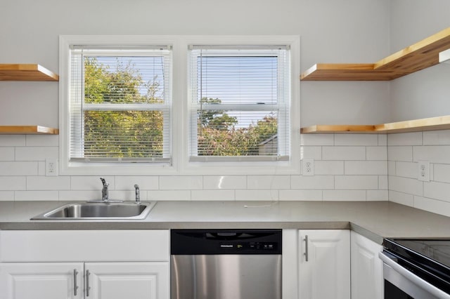 kitchen with decorative backsplash, white cabinetry, stainless steel dishwasher, and sink