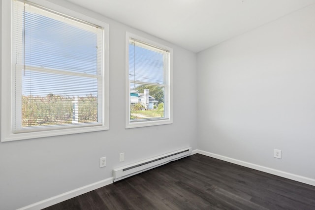 empty room featuring dark wood-type flooring and a baseboard radiator