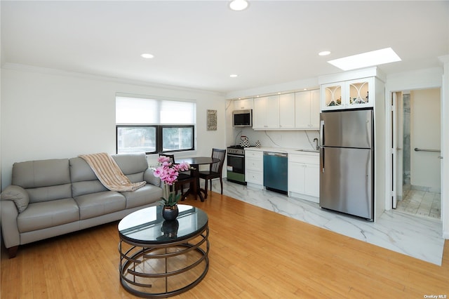 living room with ornamental molding, sink, and a skylight