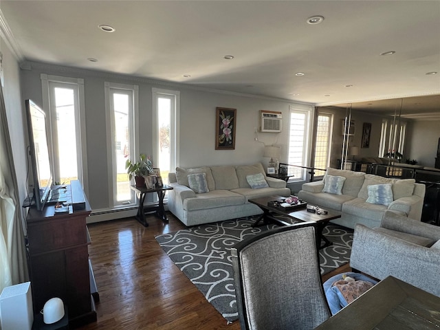 living room featuring plenty of natural light, ornamental molding, dark wood-type flooring, and a baseboard heating unit