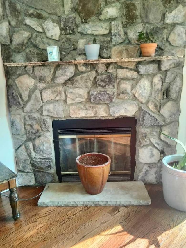 details featuring a fireplace and hardwood / wood-style floors