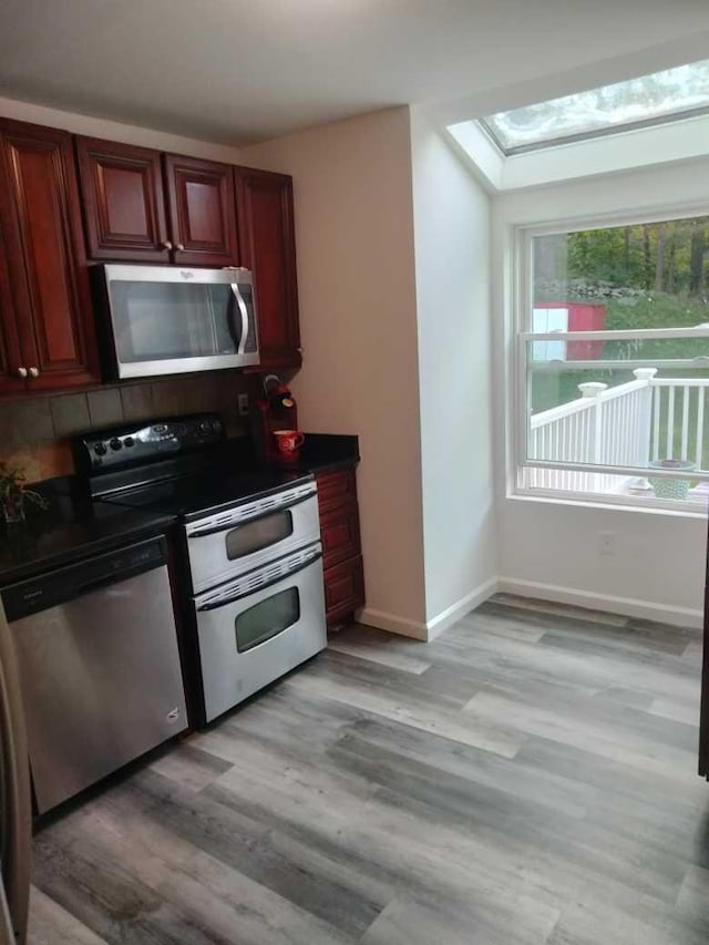 kitchen with a skylight, light hardwood / wood-style flooring, and appliances with stainless steel finishes