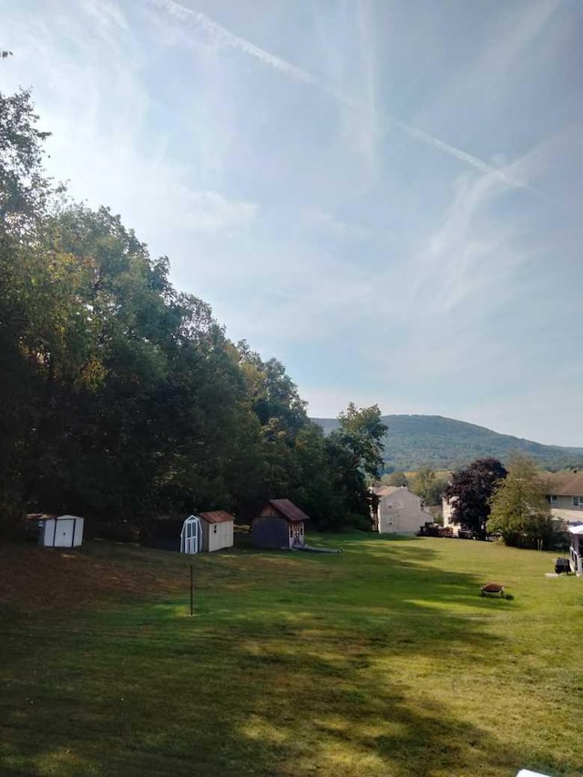 view of yard with a mountain view and a storage shed