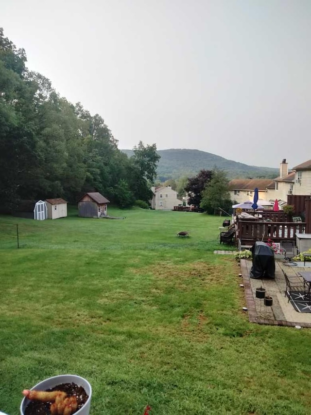 view of yard featuring a deck with mountain view, a patio area, and a storage shed