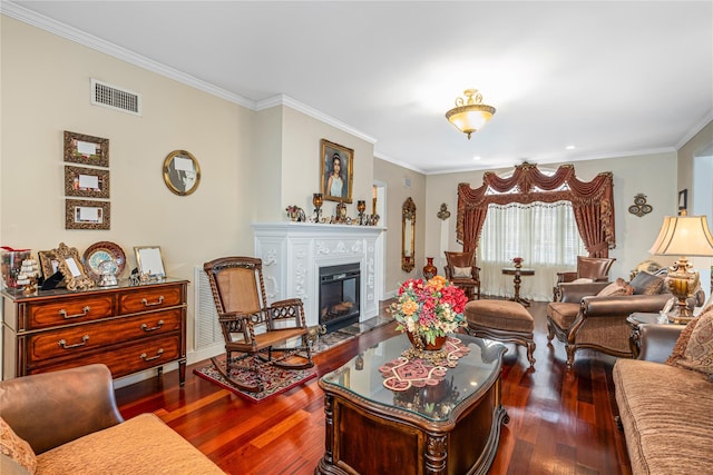 living room featuring dark hardwood / wood-style floors and ornamental molding