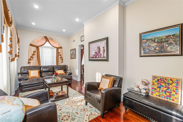 living room with ornamental molding and dark wood-type flooring